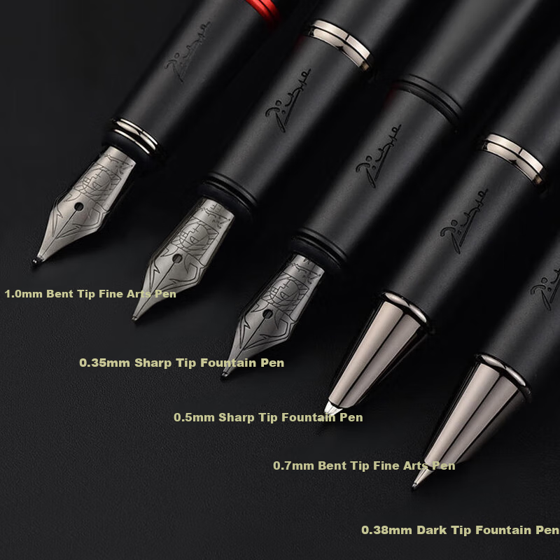 Pimio Calligraphy Fountain Pen with Bent Nib, 1.0mm Fine Nib Midnight Black