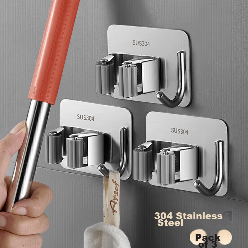 Xinpei 304 Stainless Steel Mop Hook Set [3 Clips 4 Hooks]