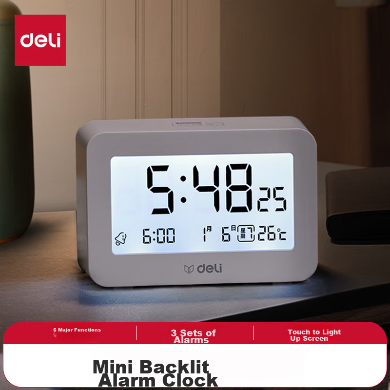 Deli multifunctional alarm clock with temp, humidity, date, snooze