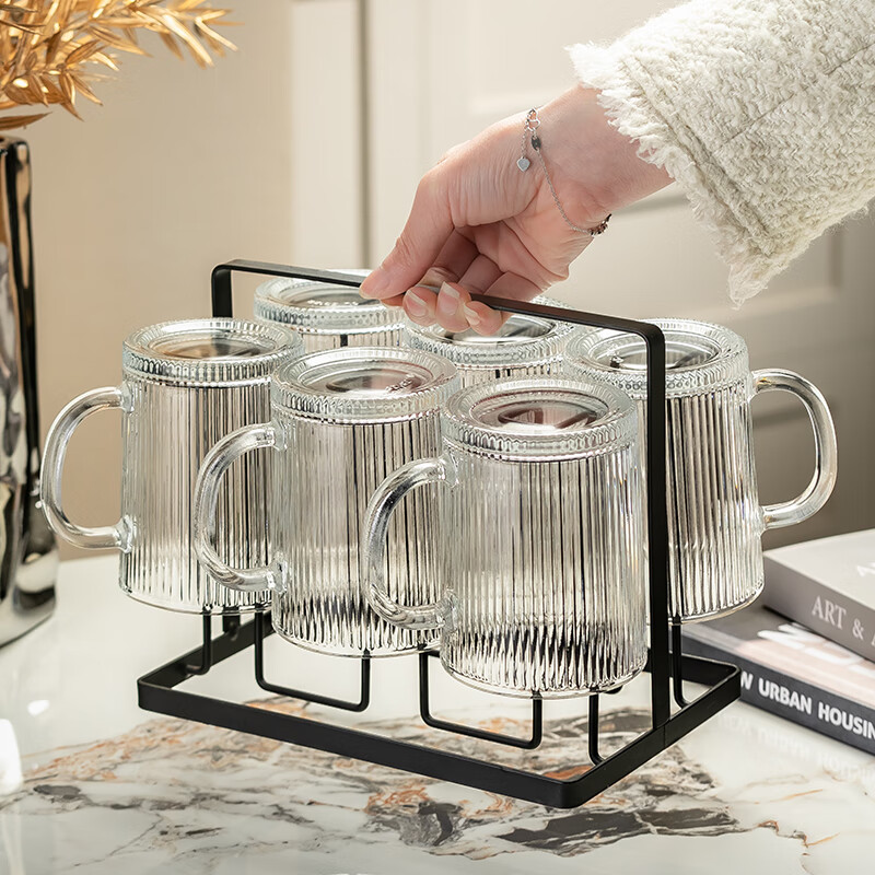 CRISTALGLASS Heat-Resistant Glass Cup Set with Vertical Stripes - 6 Cups + Holder for Home Use