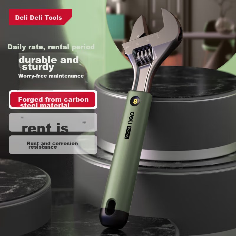 Deli 8-Inch Adjustable Wrench with Laser Scale & Rubber Grip [Elegant Green]
