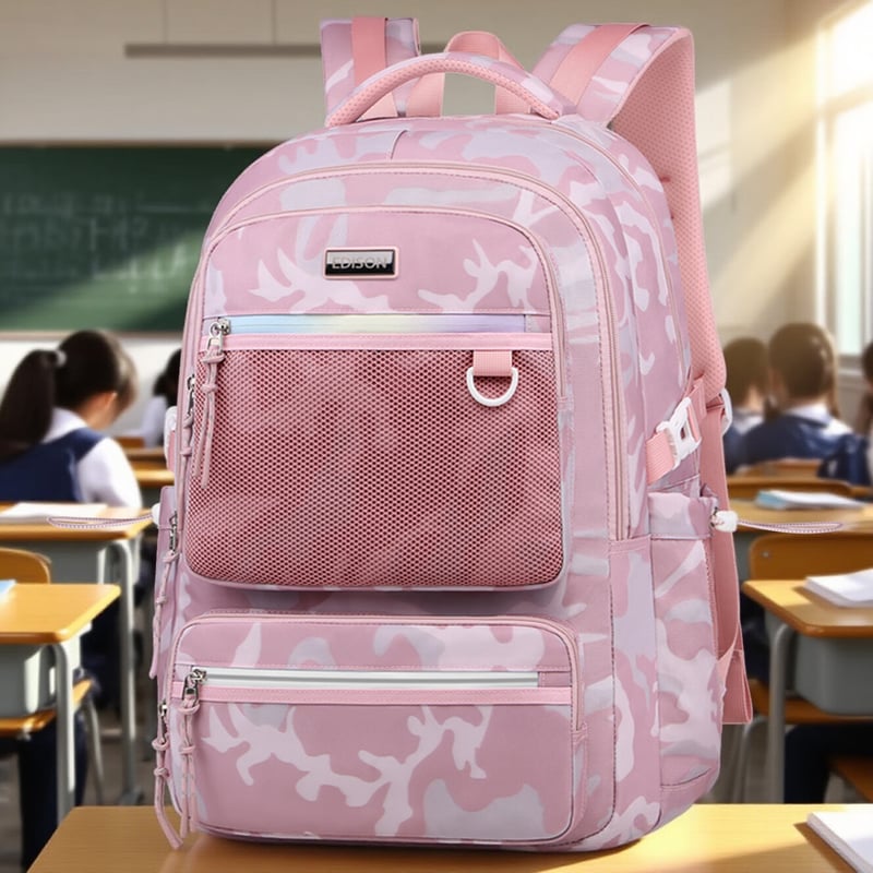 Edison Camouflage Pink Student Backpack - Large Capacity Reflective Bag for Middle & College Students