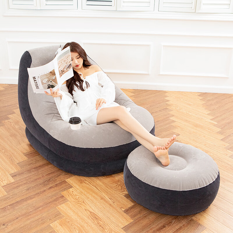 INTEX Flocked Inflatable Sofa Set with Footrest – Grey, Comfort Lounge Chair for Balcony