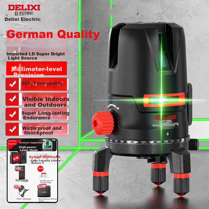DELIXI ELECTRIC Green Light 2-Line Level - High-Precision Spirit Level