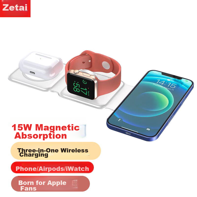 ZiTai MagSafe 15W 3-in-1 Foldable Wireless Charger for iPhone 17/16/15/14/13, AirPods, iWatch – Fast Charging with Stand Functionality