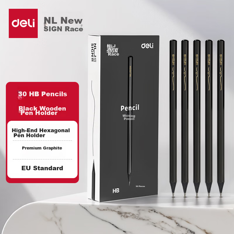 Deli NUSIGN Black Wood Graphite Pencil - 30 HB Hexagonal for Exams and Art
