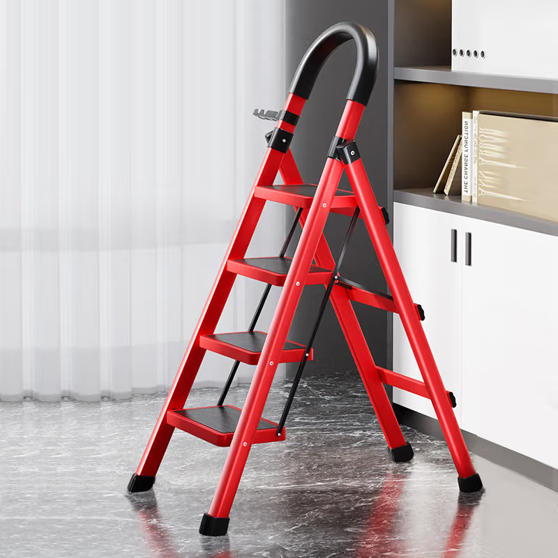 XINGKAI Folding A-Frame Ladder, 4-Step Red, High-Stability Household Ladder