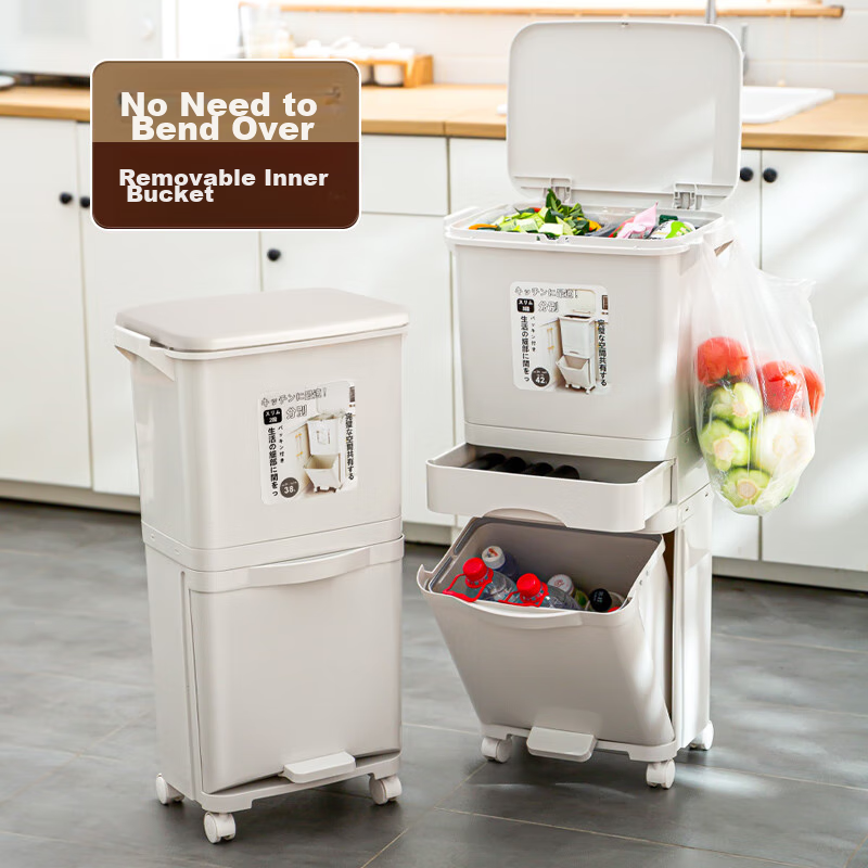ABEPC 42L Double-Layer Kitchen Trash Can with Wet/Dry Separation & Universal Wheels
