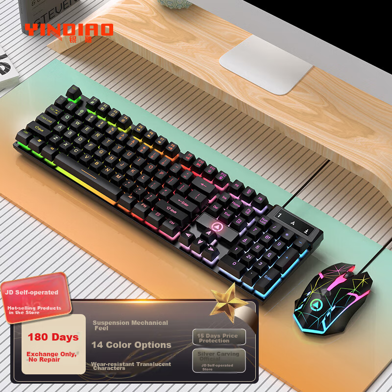 YINDIAO KM500 Wired Backlit Keyboard and Mouse Combo – Mechanical Feel Gaming Set for PC/Laptop