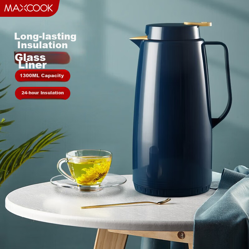 Maxcook 1.3L Nordic Blue Insulated Thermos Water Bottle – Durable Glass Inner Vacuum Flask for Hot/Cold Drinks