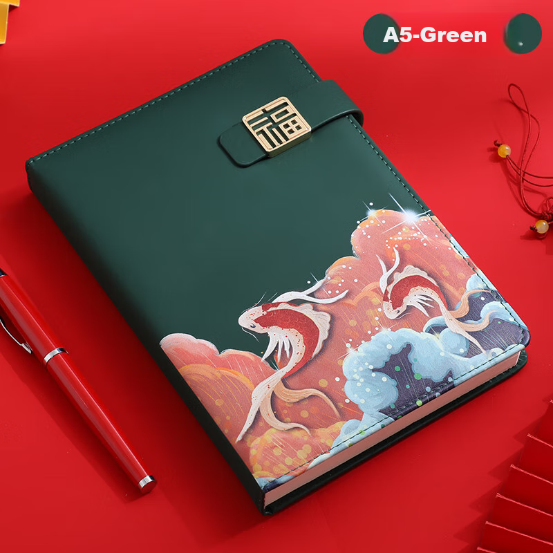 Faramon Chinese-Style A5 Leather Notebook with Green Gift Box - Customizable Teacher's Day Gift Set