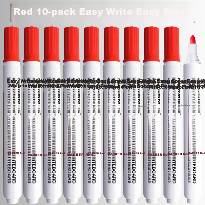 Snowhite Whiteboard Markers - Red, 10-Pack with Thick Tip, Erasable, Durable