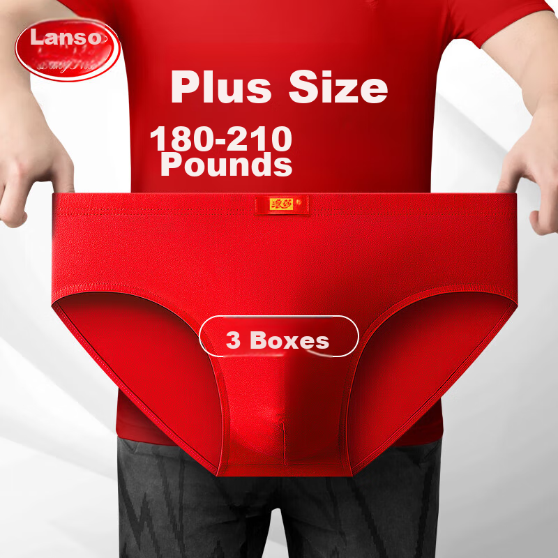 LangSha Plus-Size Men's Cotton Underwear 3-Pack - Big Red Zodiac Year Fatty Briefs for Comfort & Fit