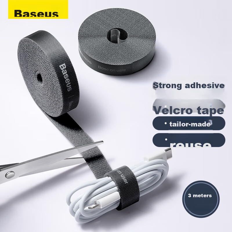 Baseus 3m Black Adhesive Cable Organizer with Velcro - Tidy Power Cord Wrap for Home/Office
