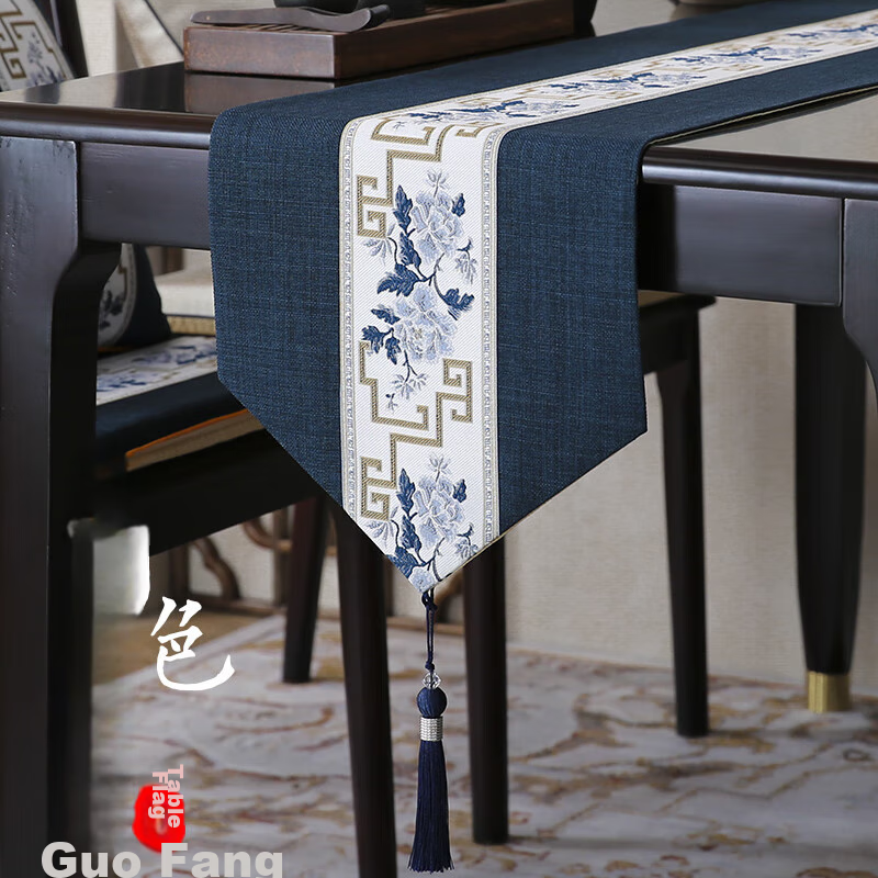 AVIVI Chinese Style Jacquard Woven Table Runner - Blue Floral 33*240cm