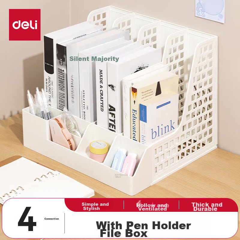 Deli PB106 File Organizer with Pen Holder - White Storage Box for Office and Study