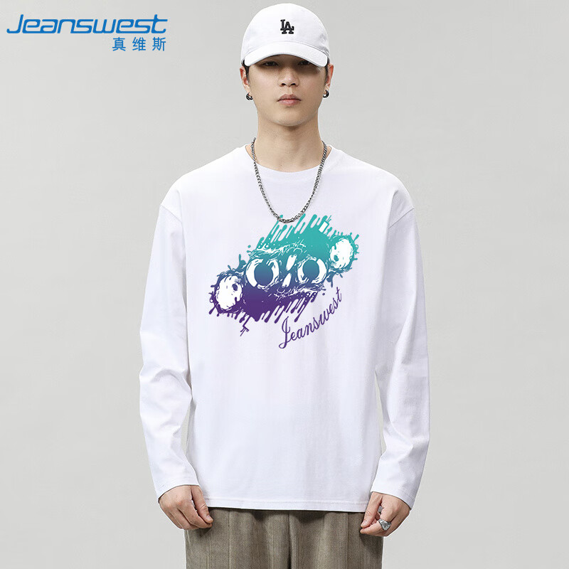 JEANSWEST Men's 2025 Autumn Pure Cotton Long-Sleeve Casual Funny Print White T-Shirt