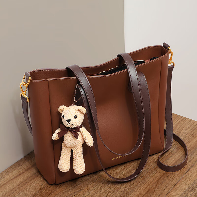 Viney Women's Large Leather Tote Bag - Light Luxury Crossbody with Bear Pendant