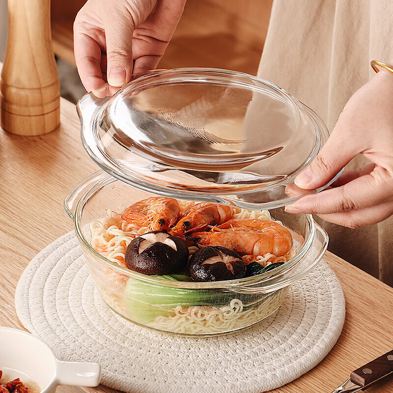 CRISTALGLASS Double-Handled Glass Soup Bowl with Lid – 1L Heat-Resistant Noodle Bowl for Students