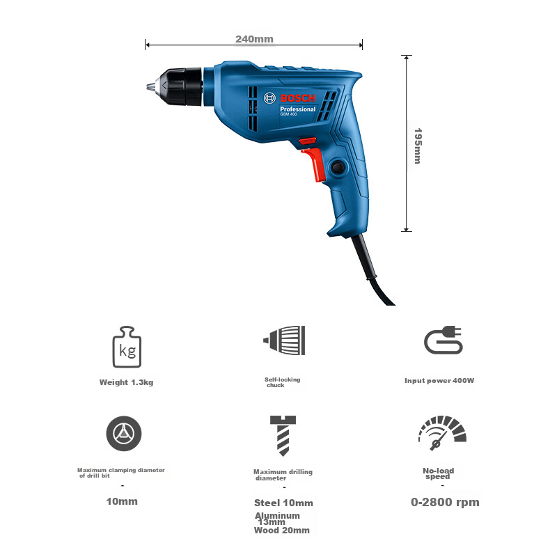 BOSCH GBM 400 KLE 400W Keyless Chuck Drill for Wood & Metal