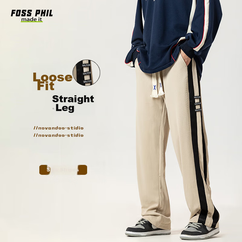 Foss Phil Men's Apricot Casual Wide-Leg Trousers for Autumn/Winter
