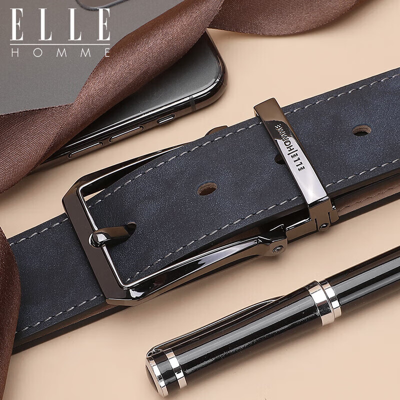 ELLE HOMME Men's Top-Grain Leather Belt with Pin Buckle – Adjustable Fashion Casual Belt for Gifts