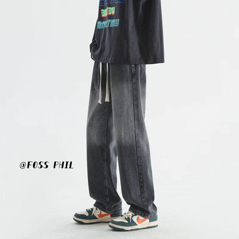 7Jiayoupin Men's Vintage Washed Loose Fit Jeans - Dark Gray L
