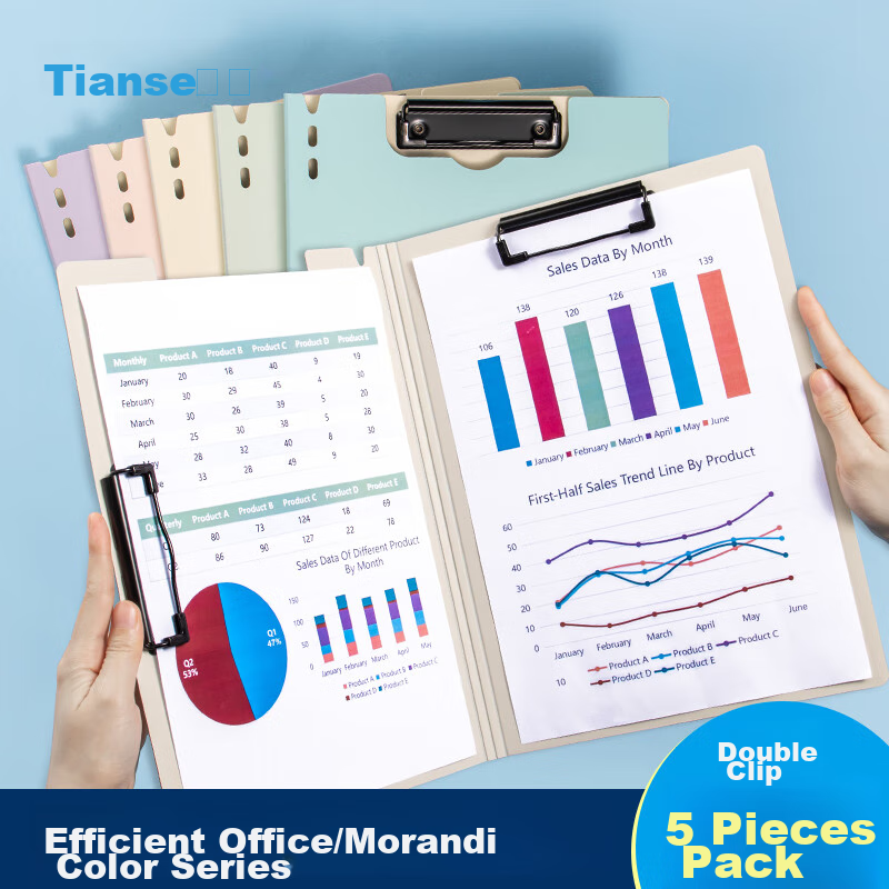 TIANSE Double Clip A4 File Folder Set, 5-Pack with Mixed Colors – Office Document Organizer