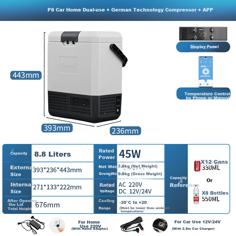Alpicool P8 Car Refrigerator - Dual-Use Compressor Cooler