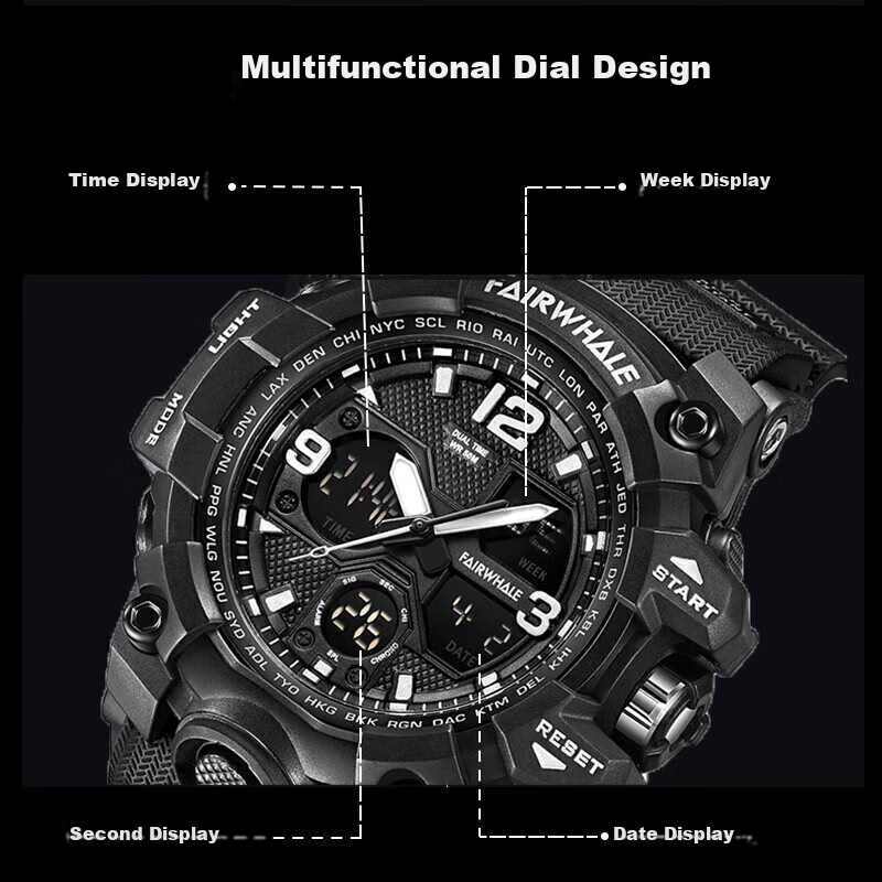 Fairwhale unisex electronic watch with dual display