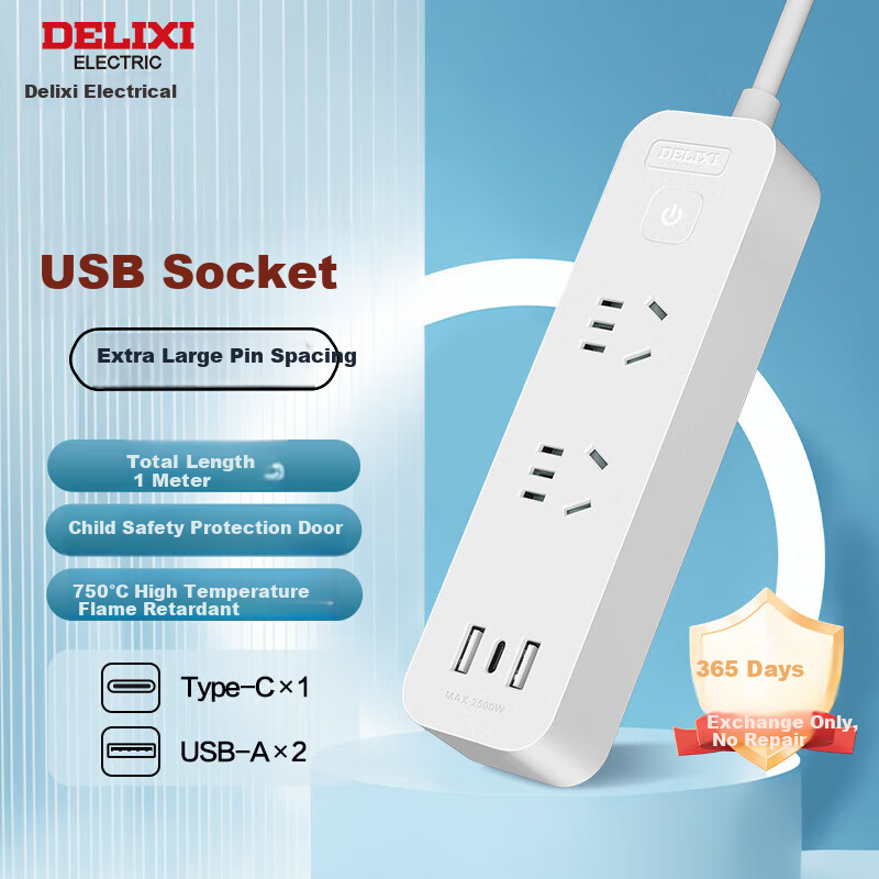 DELIXI USB Socket Power Strip with Type-C Port