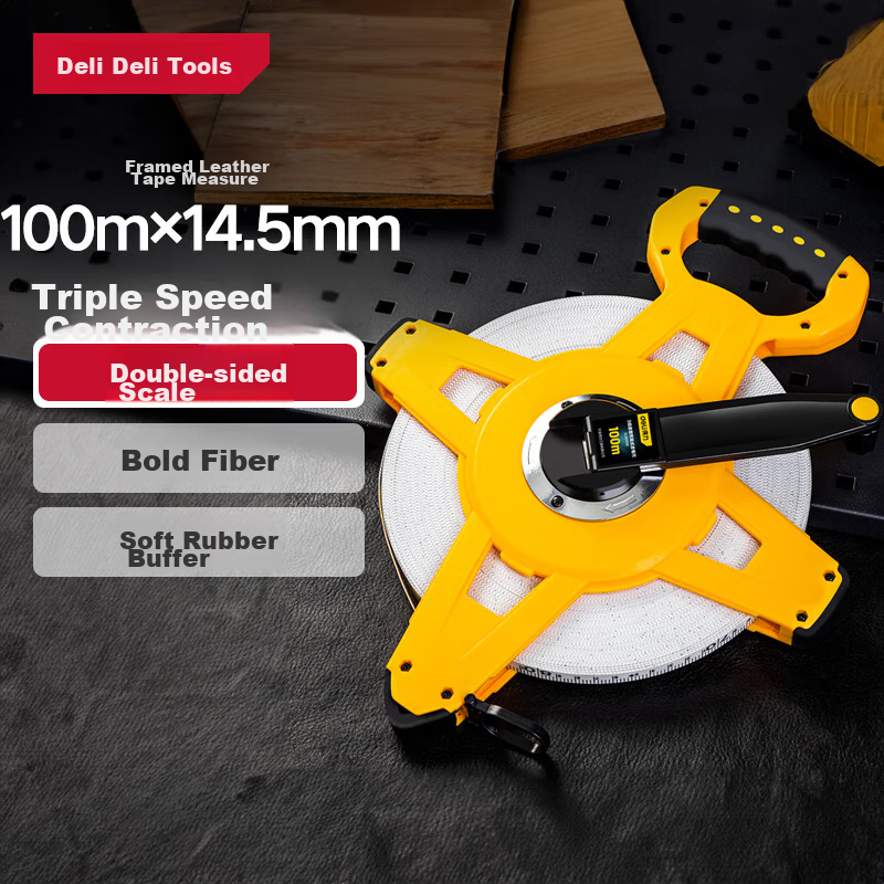 Deli 100m Triple-Speed Frame Leather Tape Measure – High Accuracy for Construction & Renovation