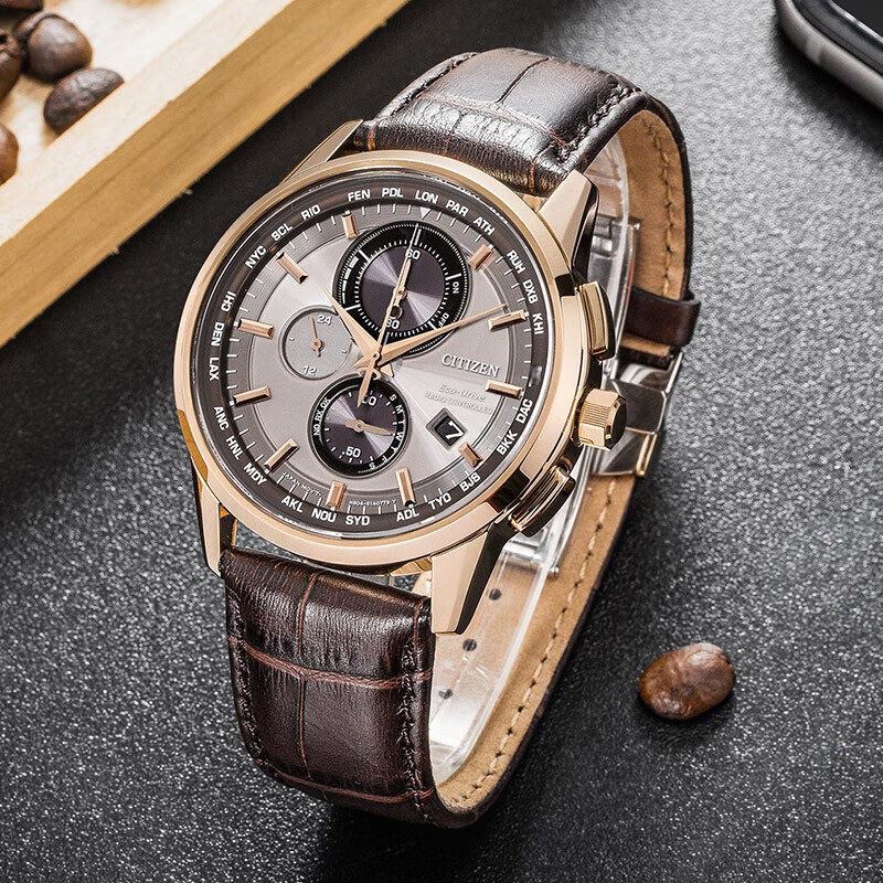 CITIZEN Men's Eco-Drive Radio-Controlled Leather Strap Watch with Three-Dial Display - Business Gift