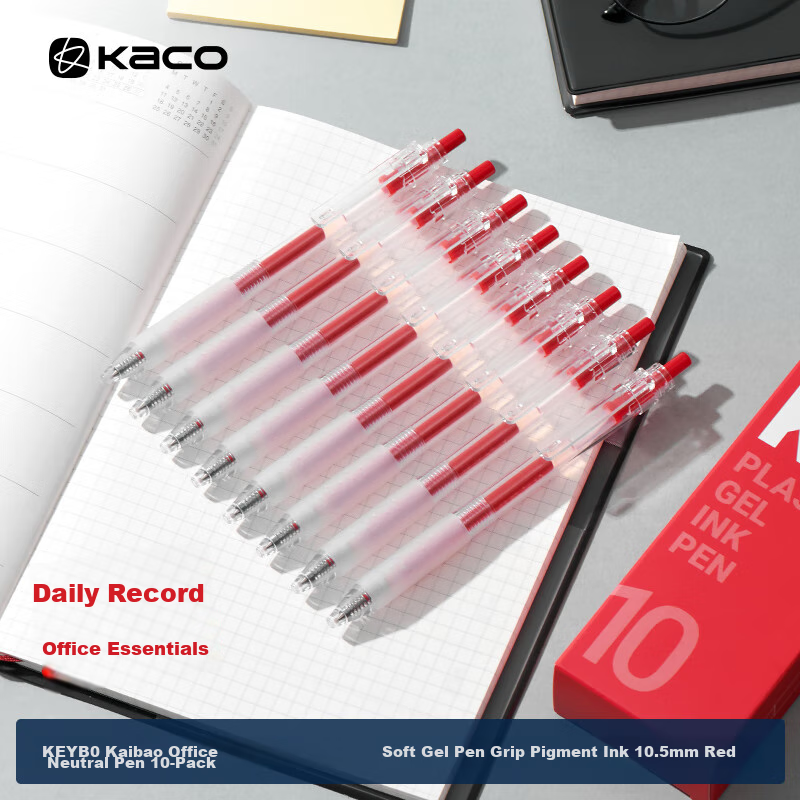 KACO K11 Red Gel Pen 0.5mm Bullet Tip, Retractable, 10-Pack for Office & Study