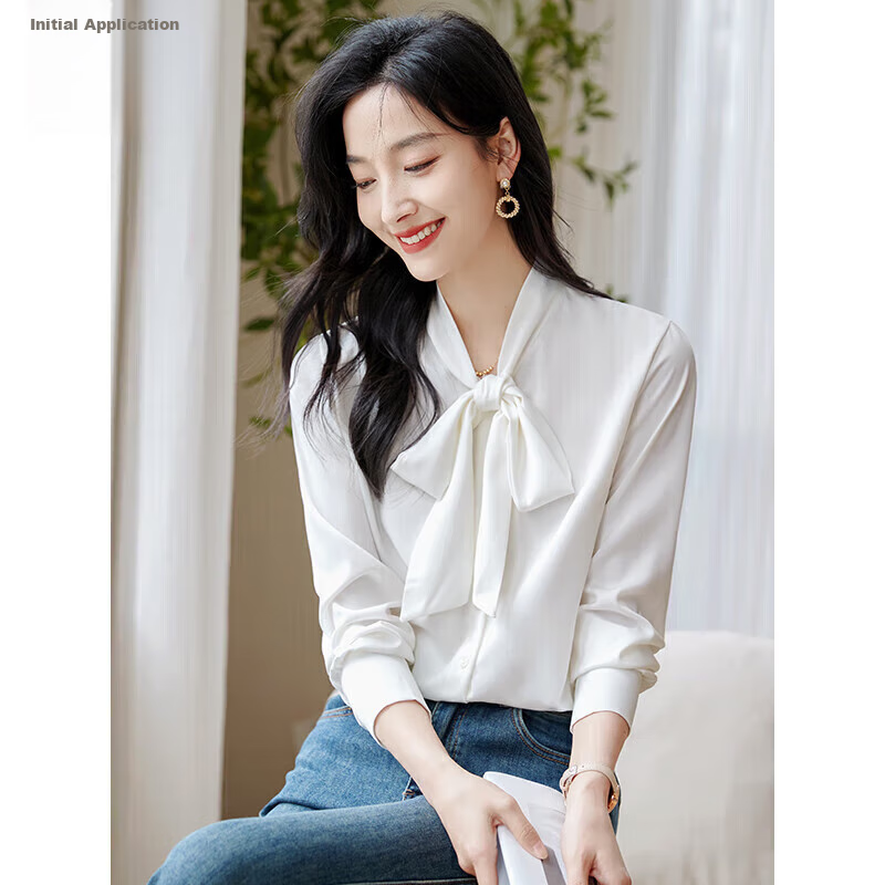 Chushen Women's Long-Sleeve Satin Blouse with Butterfly Bow - Versatile White Shirt
