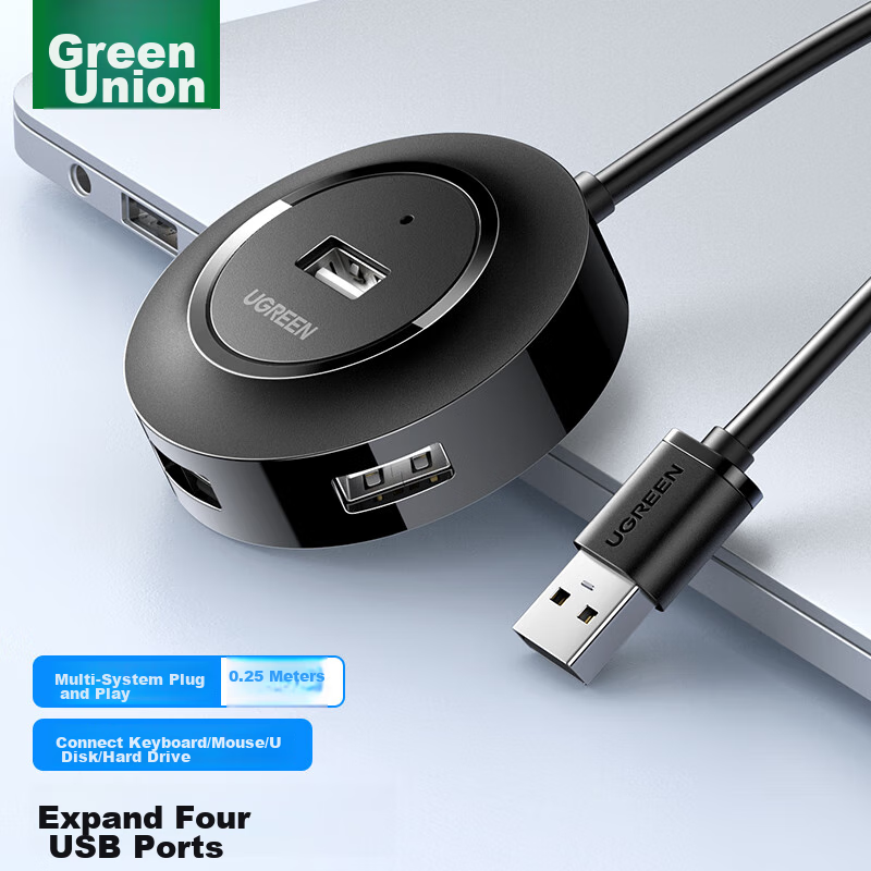 UGREEN 4-Port USB 2.0 Hub with Power Port - 0.5m Black