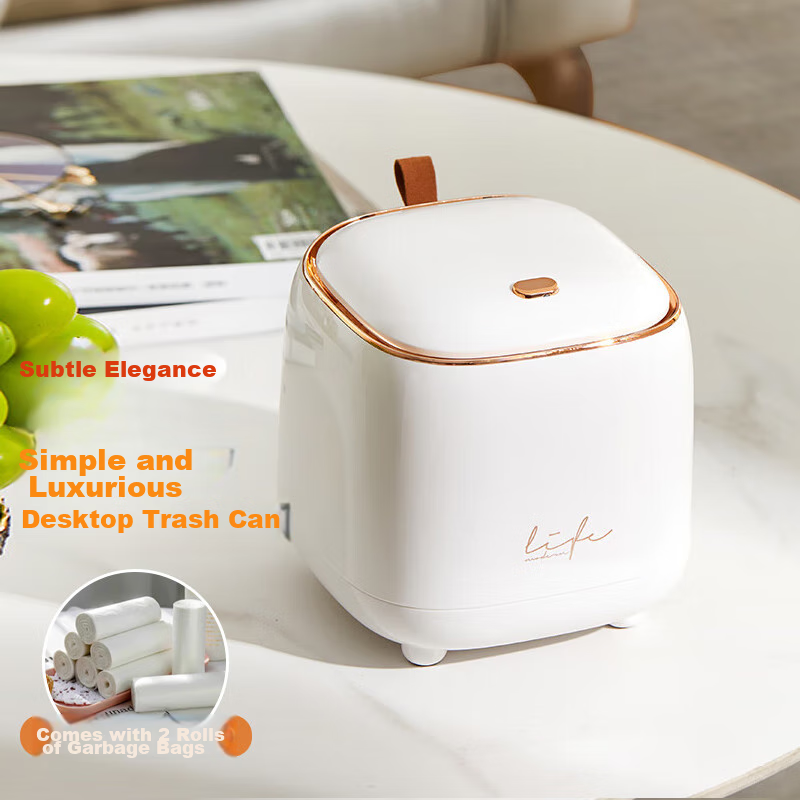 ABEPC 1.5L Desktop Trash Can with Push-Button Lid - Nordic Style, White & Gold