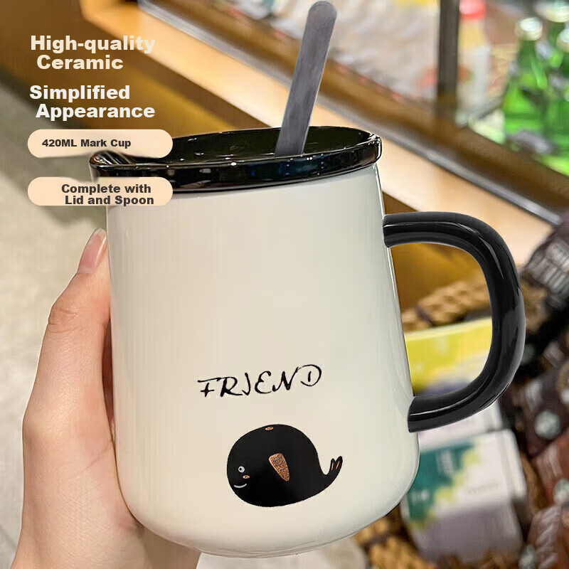 Baijie Large Capacity Coffee Mug with Lid and Spoon, 420ML – Elegant Ceramic Cup for Coffee, Milk, Breakfast