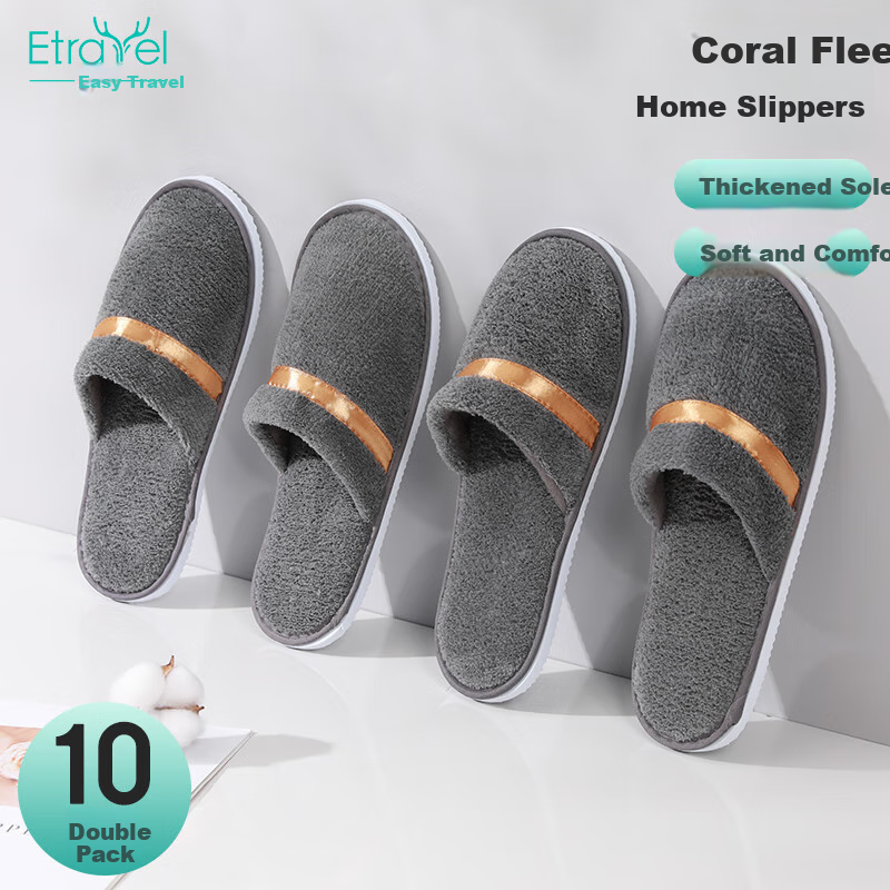 Etravel 10 Pairs Thickened Coral Fleece Slippers - Gray, Non-Slip for Travel & Home
