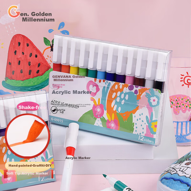 Genvana 12-Color Soft-Tip Acrylic Markers for Art, Drawing, and DIY – Washable & Versatile 127mm Pens
