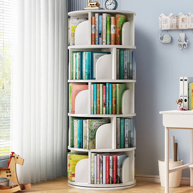ANERYA 5-Layer Rotating Bookshelf, 360-Degree White Floor Storage