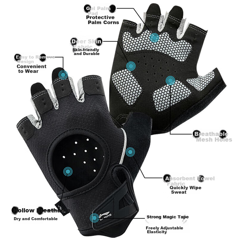 LI-NING Men's/Women's Fitness Gloves - Anti-Slip Cycling & Weightlifting Training Gloves (Large, Black & Gray)