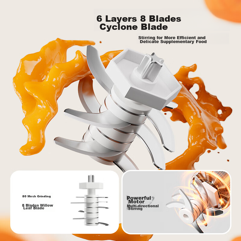 Taoqibaby Baby Food Processor - 8-Blade Puree Maker for Fruits, Veggies & Meat, 0.3L, White