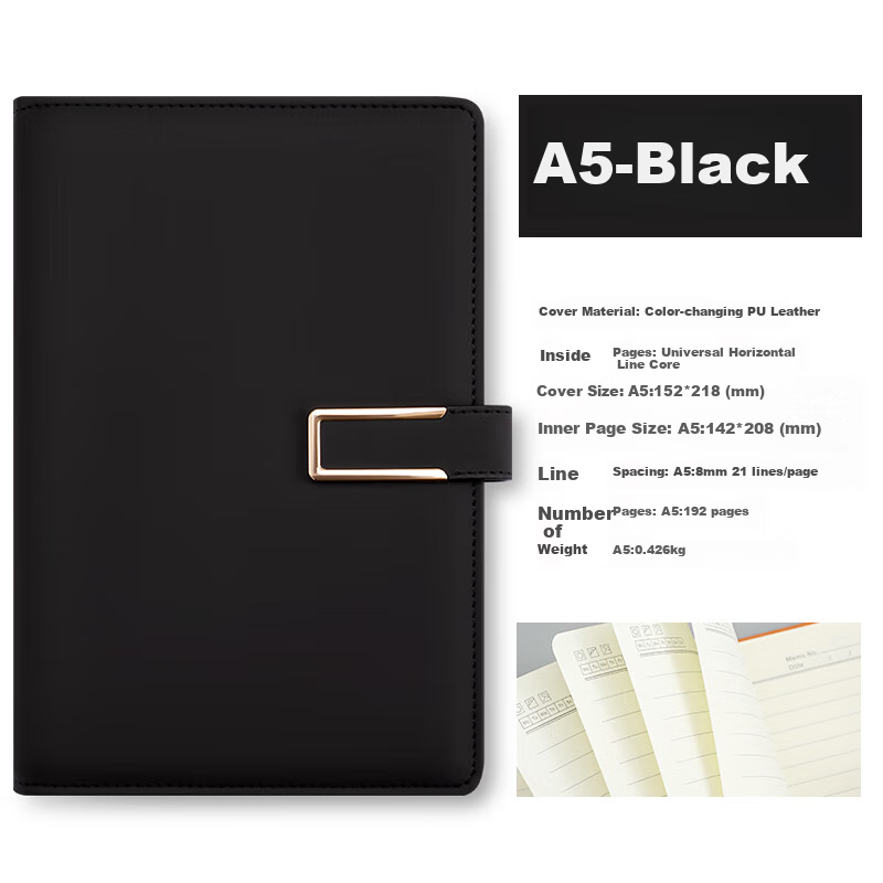Jiaranheng A5 Leather Notebook - Thickened Binding & Customizable Black Diary for Work & Meetings