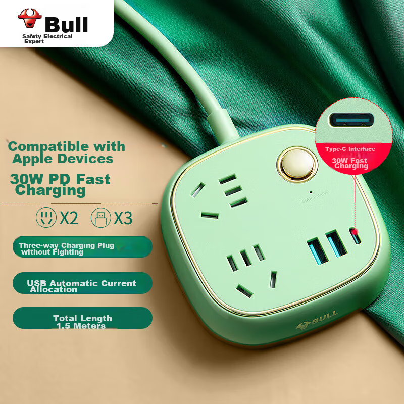 BULL 30W PD Fast Charging Power Strip with 3 USB Ports - Celadon Green, Retro Design