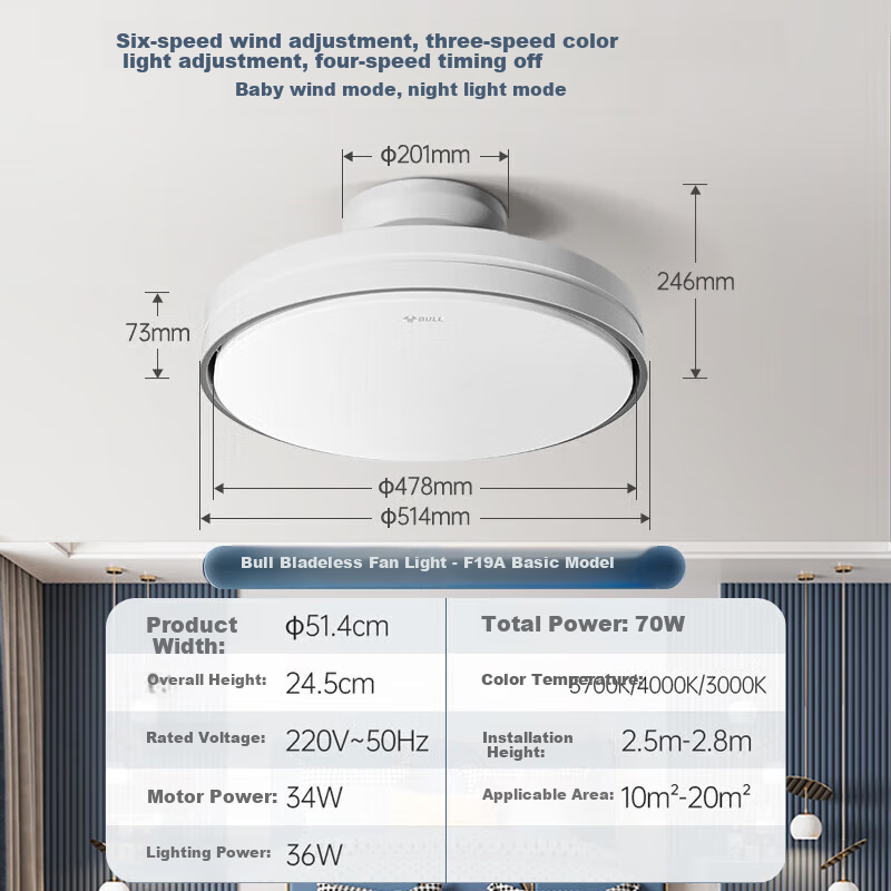 BULL Bladeless Fan Light GF19AT LED Ceiling Fan with Remote Control for Quiet Home Comfort
