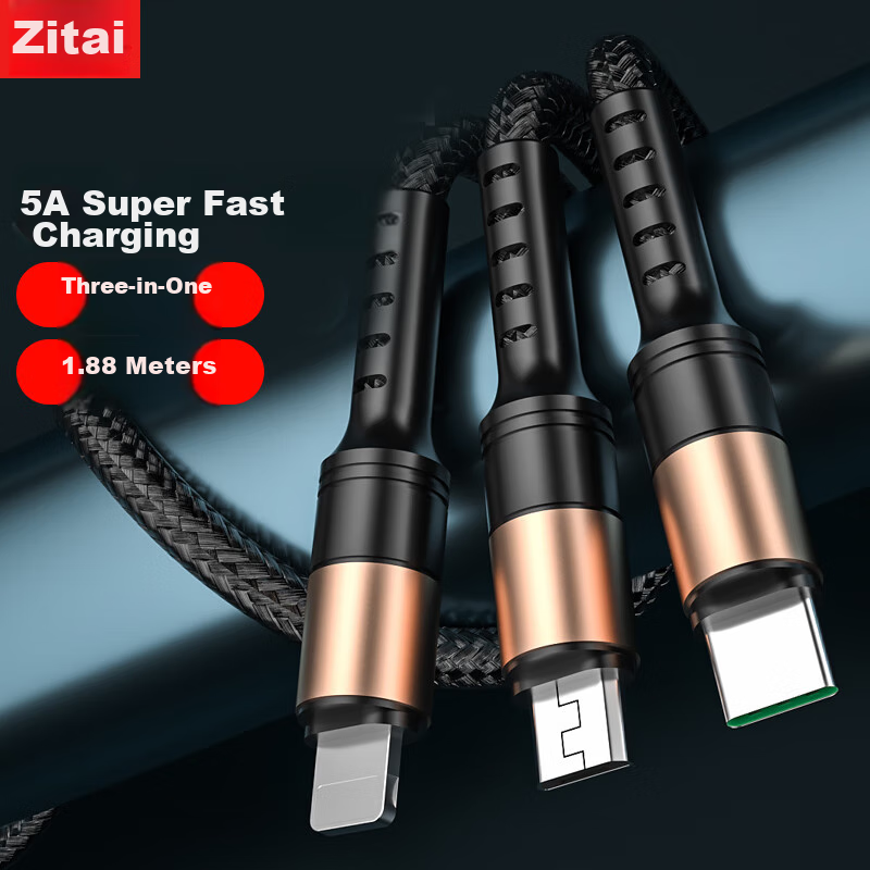 ZiTai 5A 3-in-1 Fast Charging Cable for iPhone, Type-C, Android – 1.88m Black