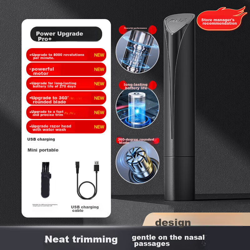AUX Rechargeable Electric Nose Hair Trimmer - USB-Charged, Portable Travel Grooming Tool for Men