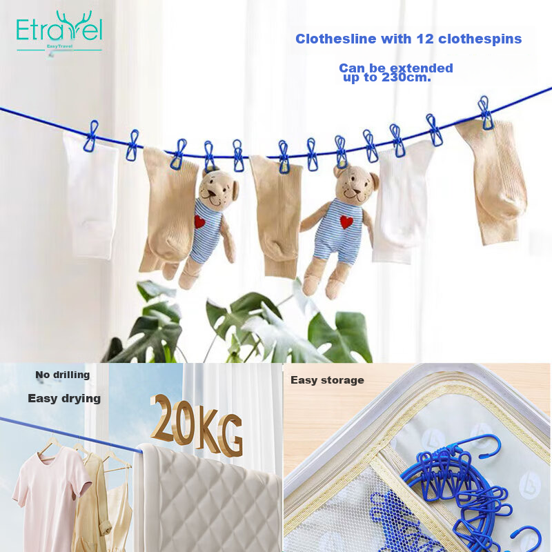Etravel Windproof Travel Clothesline with 12 Clips - Portable Drying Rope for Outdoor Adventures