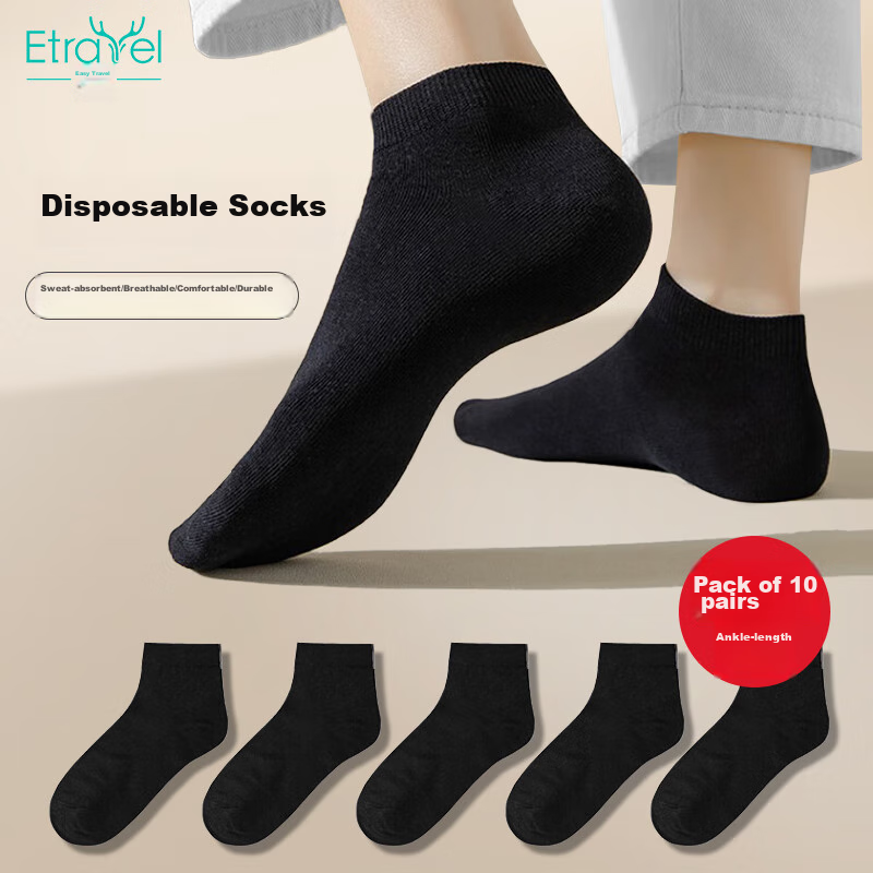 Etravel Disposable Comfort Socks [10 Pairs] - Black, Breathable Travel Socks for Men & Women